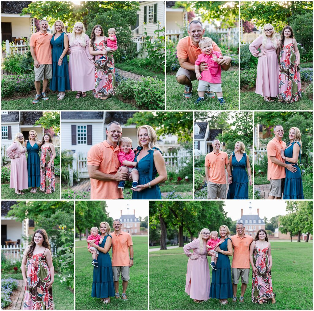 Family photo session in Williamsburg VA with bright summer colors and natural light.