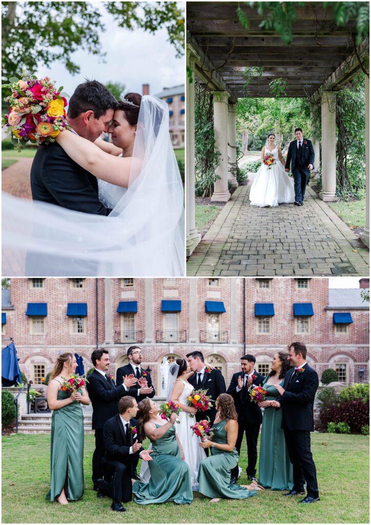 Wedding party cheering as bride and groom kiss at Williamsburg Inn.”