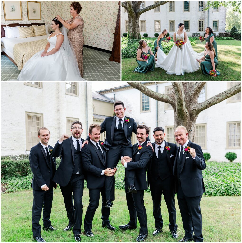 Groomsmen lifting groom during Williamsburg Inn wedding photography.