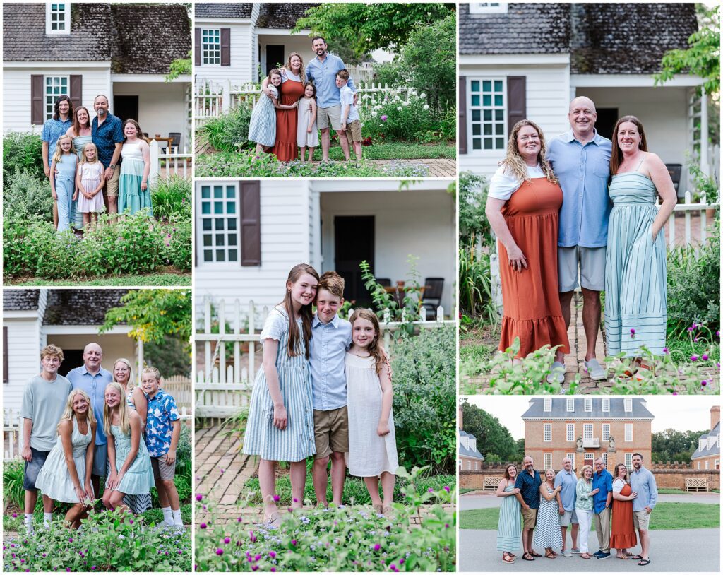 Family photo in Colonial Williamsburg taken during a summer vacation session.