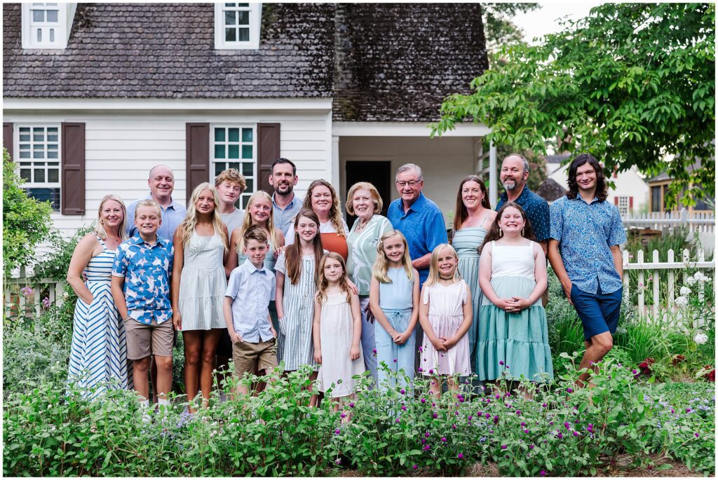 Extended family gathered for vacation photos in Colonial Williamsburg.