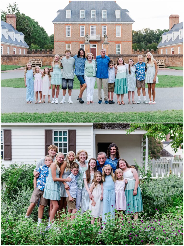 Grandparents smiling with all their grandchildren during Williamsburg family vacation photos.