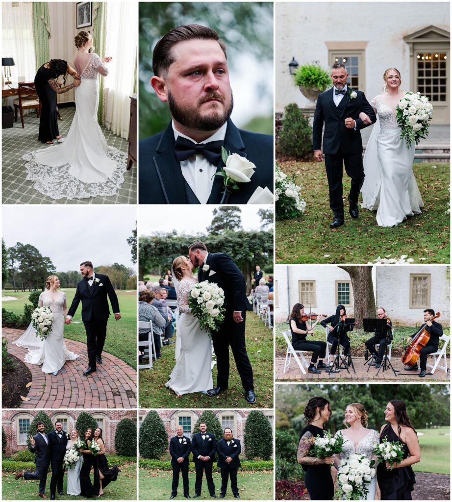 Elegant white floral bouquet at a classic black and white wedding in Williamsburg.