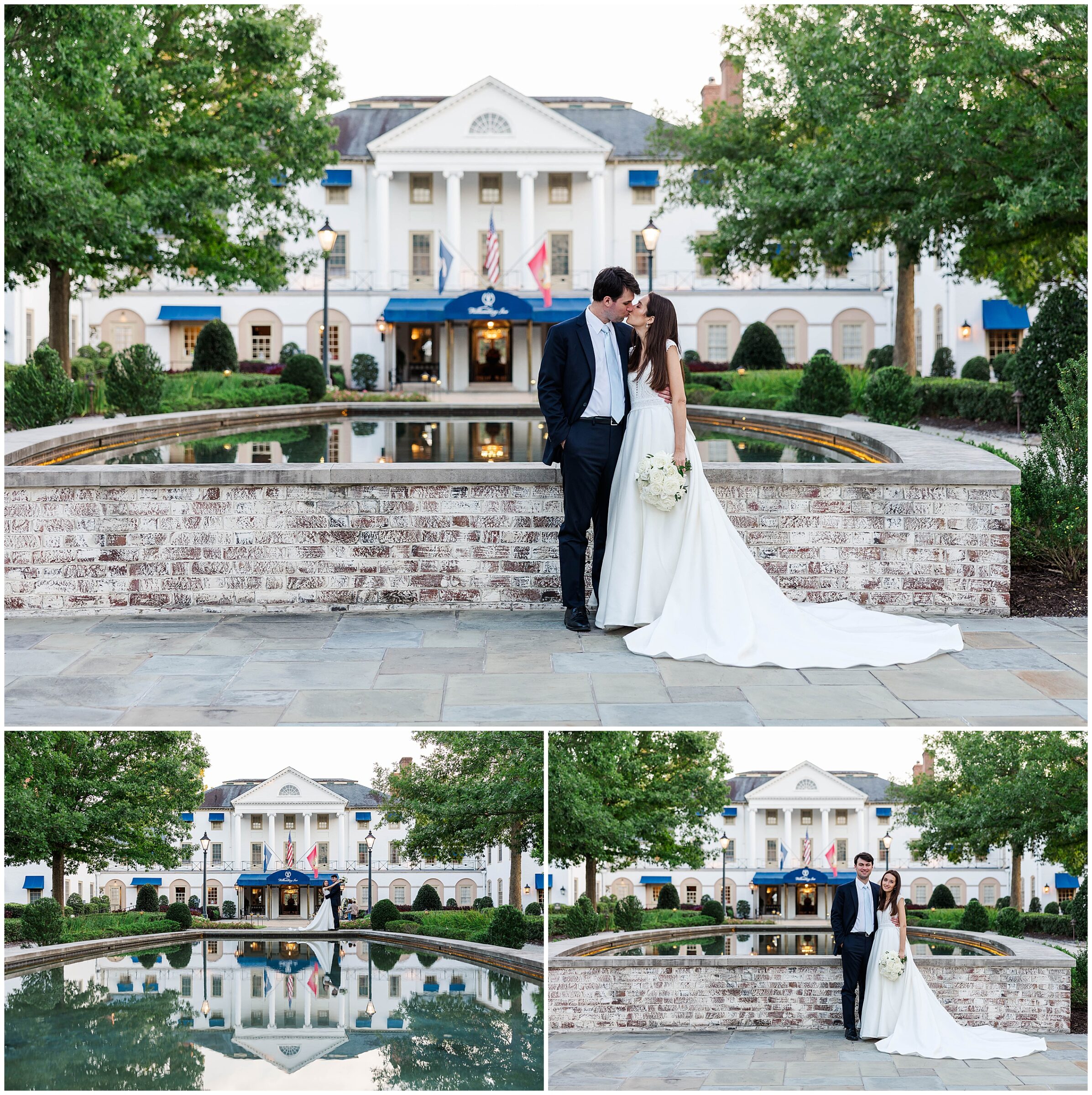 bride and groom portraits by the fountain at golden hour during their timeless, classic Williamsburg Inn wedding