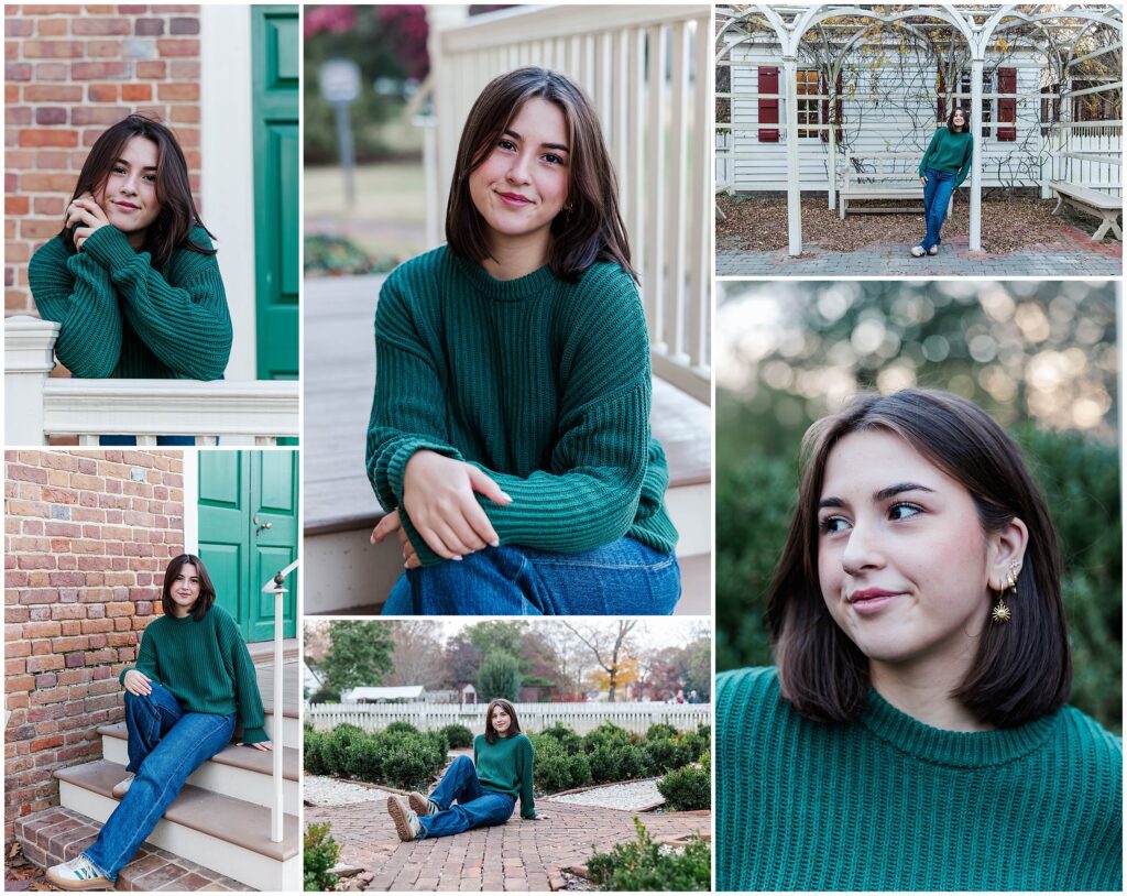 fun green sweater vibes for a fall winter Colonial Williamsburg senior photo session 