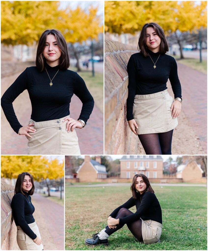 fall Colonial Williamsburg senior photos with a vibrant yellow tree
