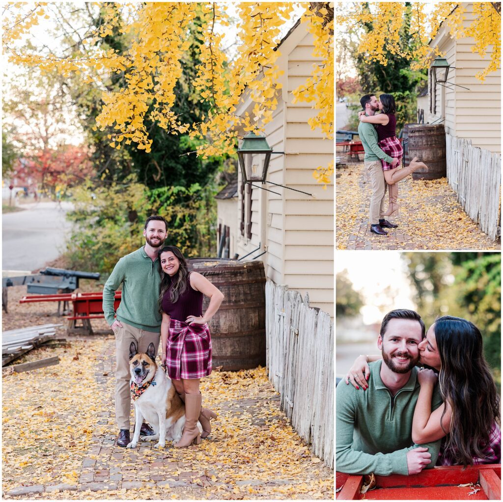 Couple posing under bright yellow fall tree during Colonial Williamsburg couples photos.