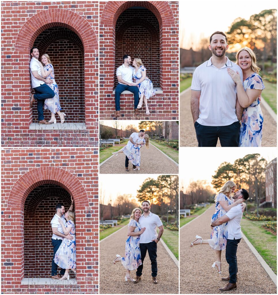 Couple posing under arches near Art Museums of Colonial Williamsburg during engagement photos.