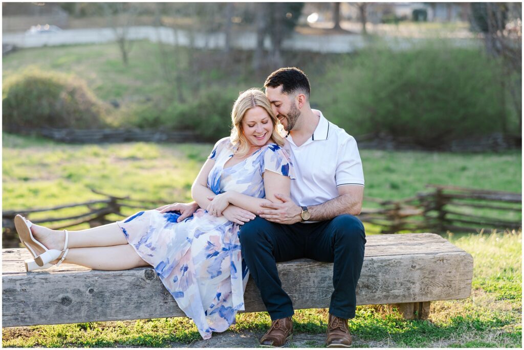 Golden hour engagement portrait in Williamsburg with soft glowing light.
