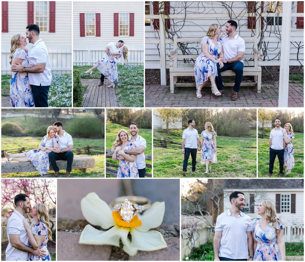 Couple photographed during Williamsburg engagement photos in Colonial Williamsburg during spring.