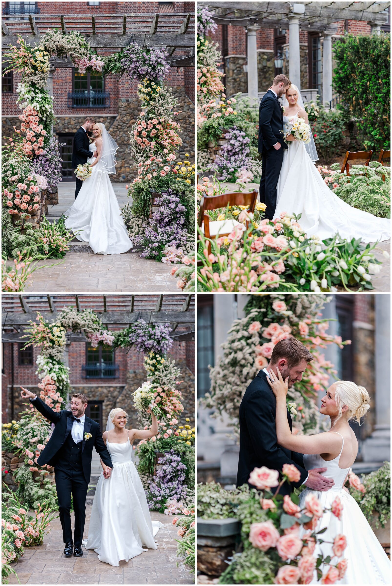 Couple at ceremony under floral arch during Dover Hall wedding.