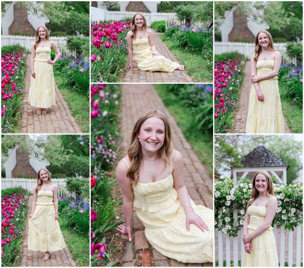 Senior portrait in floral garden near Colonial Williamsburg during spring session.