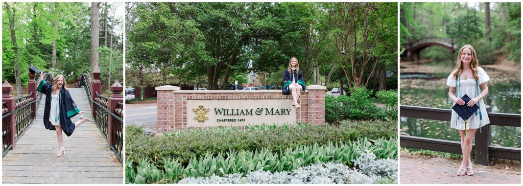 Senior standing at Crim Dell and iconic spots during William and Mary senior photo session.