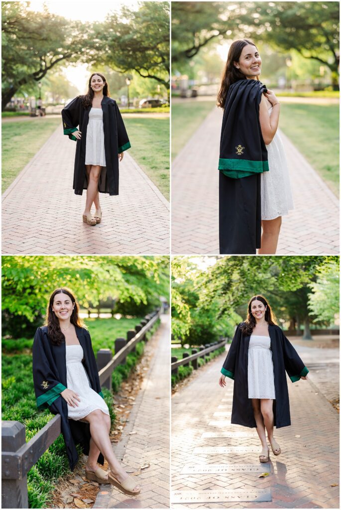 Graduate walking across campus during William and Mary senior photos