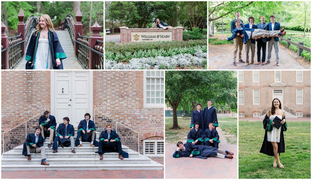 Graduate wearing cap and gown during William and Mary senior photo session.
