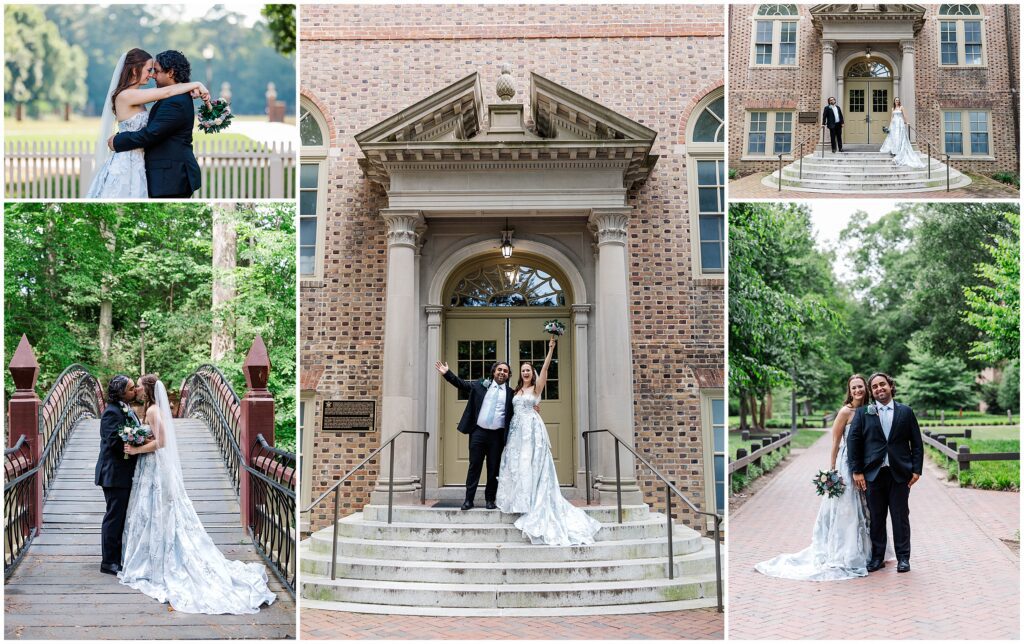 Bride and groom walking across the William and Mary campus on their wedding day.