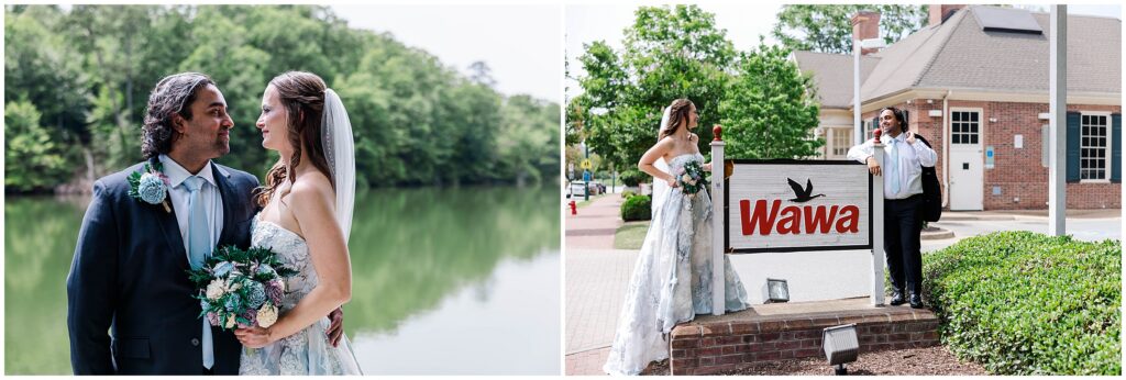 Bride and groom sharing a first look at Lake Matoaka during a William and Mary wedding and then head to Wawa