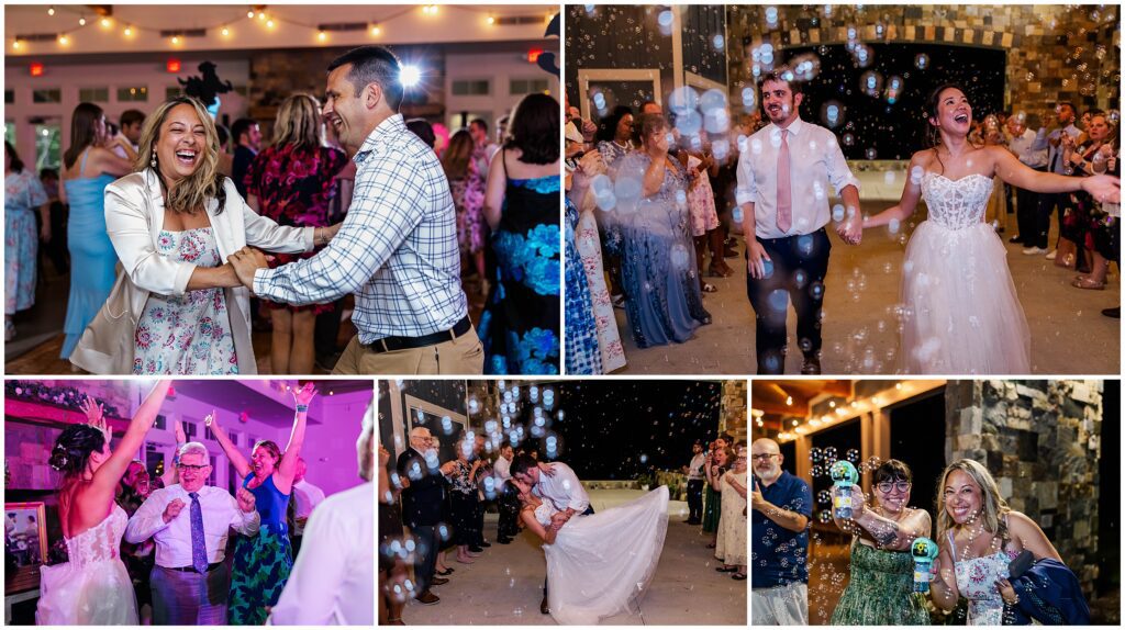 Emily and Dave surrounded by glowing bubbles during their wedding exit at The Maine of Williamsburg.